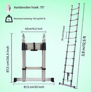 Telescopische Ladder Dyma - 380CM - Roestvrijstalen Vouwladder - Draagbare Uitschuifbare Loft Ladder - Max. Belasting 150kg/330lb - EN131