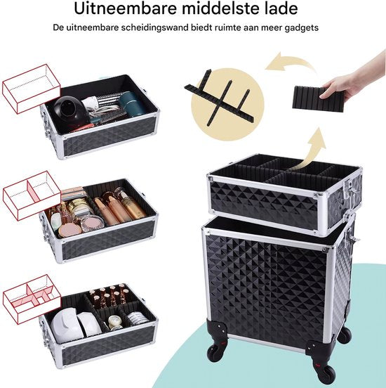 3-in-1 Rollende Make-up Trolley - Make up koffer - Kappers koffer - Beautycase - Voor Schoonheidssalons en visagie - Zwart