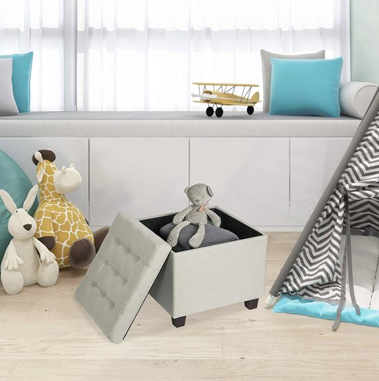 Happyment Poef Creme Deluxe - Met opbergruimte - Turquoise - Voetenbank - Opbergbox hocker - Zitkist met deskel - Stof - 45x45x41cm