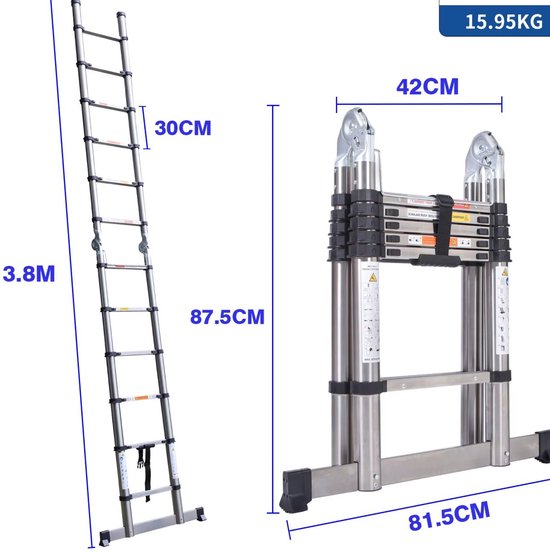 Ladder Tavien - Telescopische Ladder 3,8M - Draagbare Multifunctionele Verlengladder - Roestvrijstalen Frame - Opvouwbaar & Compact