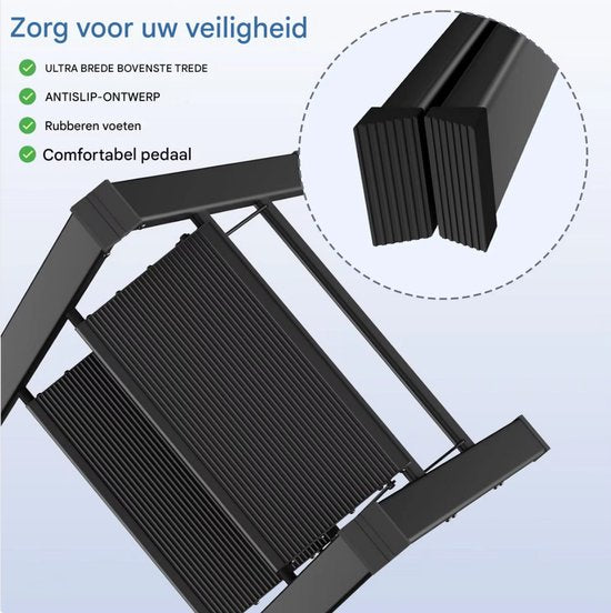 Huishoudtrap - Keukentrap - 4 treden - Ladder Aluminium - Opstapkruk met anitslip - Lichtgewicht - 150KG Belastbaar - Zwart