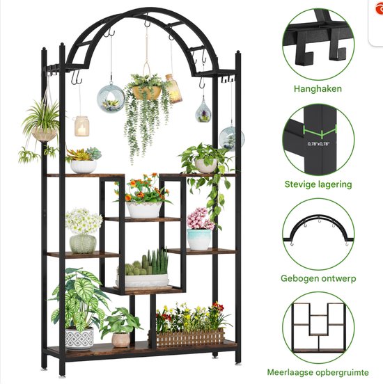 Plantenstandaard Vexal - 5 lagen - Gebogen Metalen Plantenrek - 190 cm hoog × 100 cm breed × 30 cm diep - Met Hangende Haken - Grote Bloemen