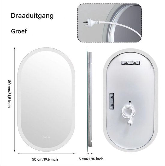 Ovale LED Badkamerspiegel Grandiose - Met verlichting - 50x100cm - Voor Badkamer - Wandmontage - Dimbaar licht