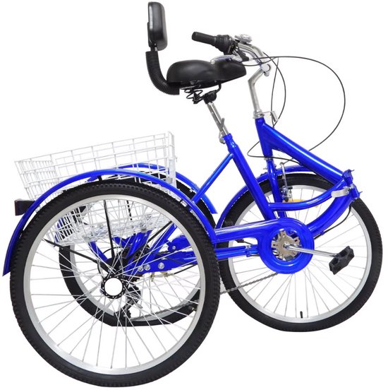 Driewieler Dita - 7 versnellingen - Fiets voor volwassenen en senioren - 24 Inch - Opvouwbare - Verstelbaar - Met mand - Voorrem - Blauw