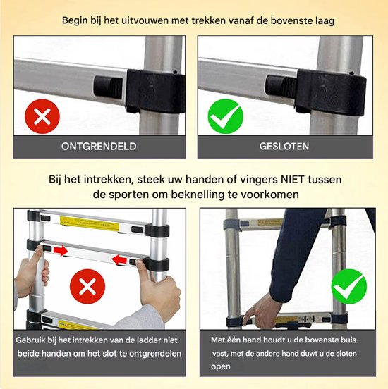 Telescopische Ladder Zeriel - 5m - Uitschuifbare Multifunctionele Roestvrijstalen Ladder - Draagbare Stevige Zolderladder met EN131-standaard