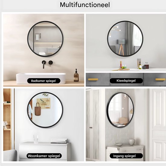 Ronde Spiegel - Voor Badkamer, Slaapkamer, Woonkamer en Hal - Moderne Wandspiegel met Zwart Metalen Frame - Stijlvolle Ophangdecoratie - 50x50cm