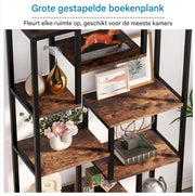 Boekenkast Quinoro - 8 Lagen - Boekenrek Opbergrek - Stellingkast Metaal - Geschikt voor Woonkamer, Kantoor of Slaapkamer - Bruin - 30 cm (D) × 100 cm (B) × 200 cm (H)