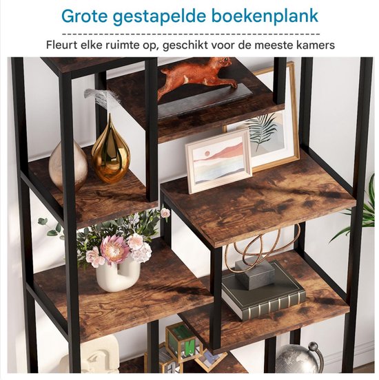 Boekenkast Quinoro - 8 Lagen - Boekenrek Opbergrek - Stellingkast Metaal - Geschikt voor Woonkamer, Kantoor of Slaapkamer - Bruin - 30 cm (D) × 100 cm (B) × 200 cm (H)