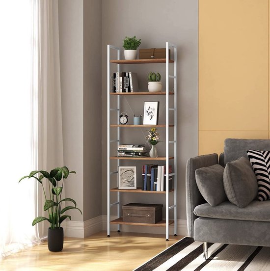 Happyment Boekenkast Larry - Industrieel - 6 Lagen - Wit/Oak - Boekenrek - Woonkamer, slaapkamer en kinderkamer - Hout/Metaal - 60x28x180cm
