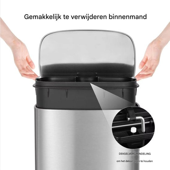 Vuilnisbak voor keukenafval - Zacht dicht, veegbestendige prullenbak met voetpedaal, geborsteld roestvrij staal, satijn nikkel - 50L + 5L - Wit
