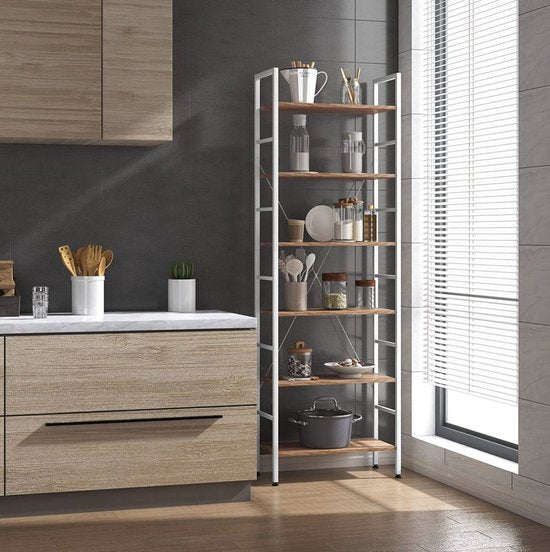 Happyment Boekenkast Larry - Industrieel - 6 Lagen - Wit/Oak - Boekenrek - Woonkamer, slaapkamer en kinderkamer - Hout/Metaal - 60x28x180cm