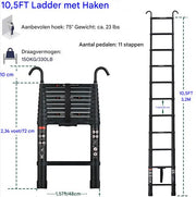 Telescopische Ladder Deluxe - 3,2m Aluminium - Multifunctionele Rechte Ladder met Antislipvoeten en 2 Haken - 150kg Capaciteit