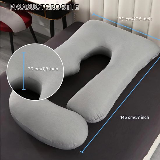 Verkoelend zwangerschapskussen - Ergonomisch - Lichaamskussen - Body pillow - Zijslaapkussen - Voedingskussen - Voor zijslapen - Grijs
