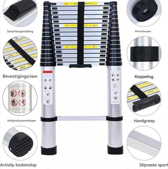 Telescopische Ladder 2,6M - Uitschuifbaar & Draagbaar - Voor Binnen & Buiten - Max. 150KG Belastbaar