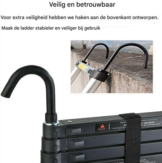 Telescopische Ladder 3,8M - Zwarte Aluminium Verlengladder - Met Haken - Opvouwbaar & Multifunctioneel - Max. 150KG
