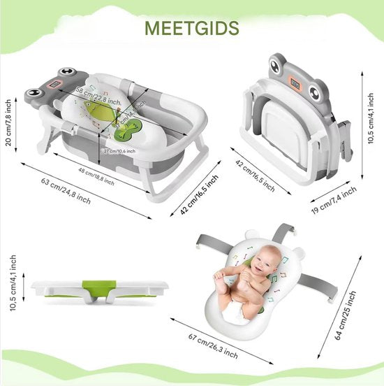 Babybadje - Lichtgrijs - Temperatuurweergave - Baby bad met standaard - Zitbad - Kinderbad - Opvouwbaar