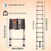 Telescopische Ladder Zero - 320CM - Roestvrijstalen Vouwladder - Draagbare Uitschuifbare Loft Ladder - Max. Belasting 150kg/330lb - EN131