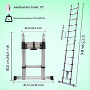 Telescopische Ladder Castellio - 380CM - Roestvrijstalen Vouwladder - Draagbare Uitschuifbare Loft Ladder - Max. Belasting 150kg/330lb - EN131