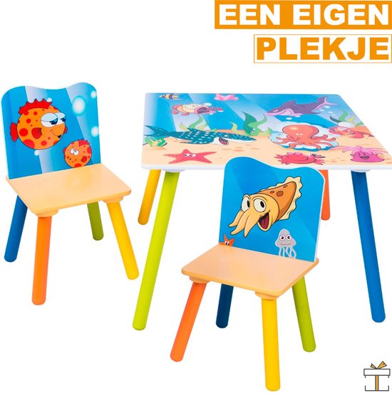 Happyment Kindertafel en 2 Stoeltjes - Kindermeubel - Speeltafel - kinderbureau - Vissen