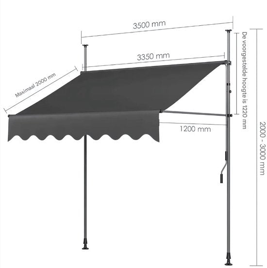 Handmatige Intrekbare Luifel Fioren - Zonneluifel - Niet-Schroef Buitenpatio Zonnescherm voor Terrasdeur en Raam - In Hoogte Verstelbaar Zonnescherm Onder Dak - 350 x 120 cm