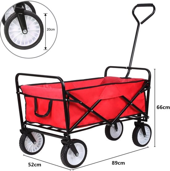 Bolderkar - Rood - Strandwagen - Opvouwbaar tuinwagen - Met duwstang - Voor buitengebruik - 115 kg capaciteit - All terrain