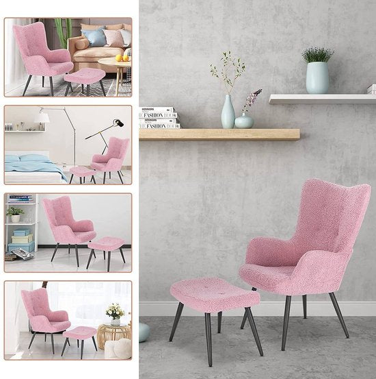 Happyment Moderne Fauteuil - Met hocker - Armleuning - Voetenbank Woonkamer stoel - Corduroy - Roze