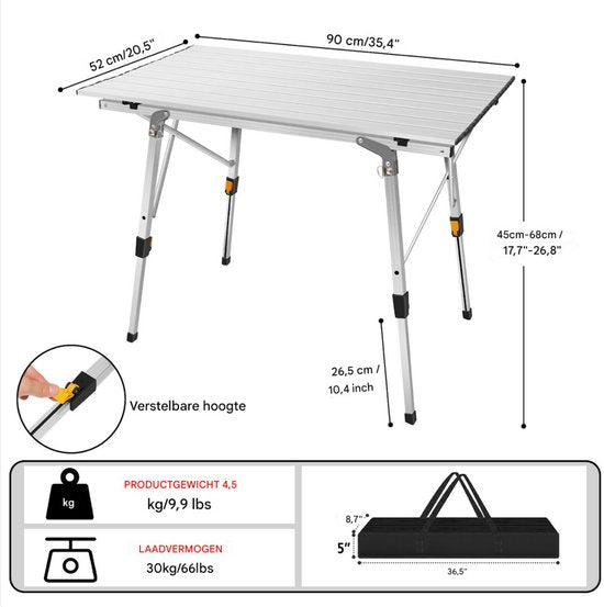 Oprolbare Kampeertafel - Aluminium Inklapbare Picknicktafel - Outdoor & Tuinmeubelen - Verstelbare Poten - 90x53x45/68 cm