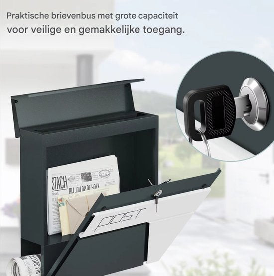 Wandgemonteerde Brievenbus - Met Krantenhouder, Deksel en Slot - Met Sleutel voor Buiten - Brievenbus voor Bedrijf en Tuin - Grijs