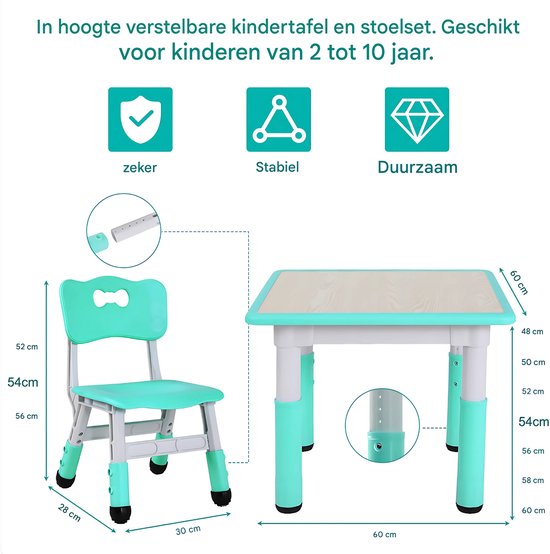 Kindertafel met stoeltjes - 2 stoelen - Activiteiten tafel - Speeltafel Kinderbureau - 3-8 jaar - In Hoogte Verstelbaar - Studeertafel voor Kinderen - Turquoise