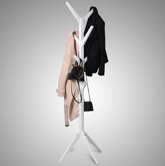 Staande Kapstok - Premium Hout - 8 Haken - Wit - 180cm Hoog