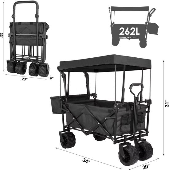 Opvouwbare bolderkar XL - 262L - Opvouwbaar tuinwagen - Met duwstang - Voor buitengebruik - Met verwijderbare luifel en 115 kg capaciteit - All terrain - Zwart