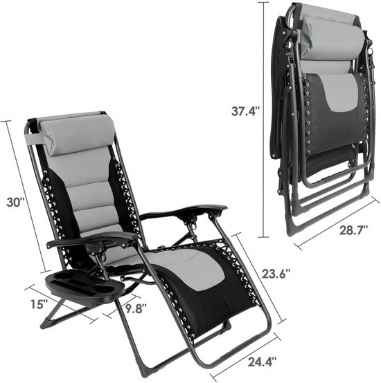 Gewatteerde Zero Gravity Lounge Chair - Tuinstoel - Ligbed - Voor Terras & Tuin - Opvouwbare Fauteuil met Verstelbare Hoofdsteun, Bekerhouder en Ondersteuning tot 160 kg - 1 stuk - Zwart