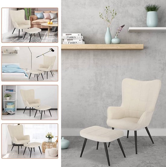 Happyment Fauteuil Deluxe - Met hocker - Armleuning - Voetenbank Woonkamer stoel - Corduroy - Beige