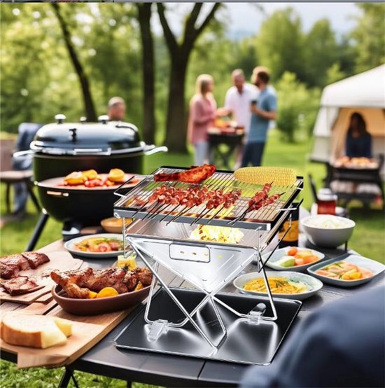 Opvouwbare Grill - Voor Kamperen & Buiten koken - Camping - Vuurplaatsgrill - Houtgestookt & Draagbaar Met Draagtas - RVS