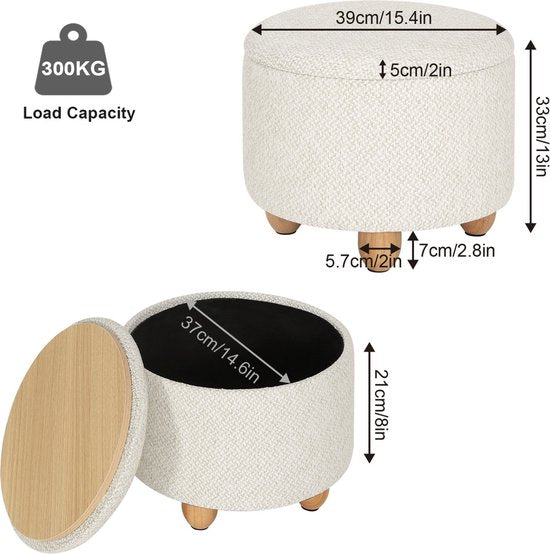 Ronde Poef - Creme - Stof - Met opbergruimte - 39x39x33cm