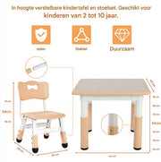 Kindertafel met stoeltjes - 2 stoelen - Activiteiten tafel - Speeltafel Kinderbureau - 3-8 jaar - In Hoogte Verstelbaar - Studeertafel voor Kinderen - Beige
