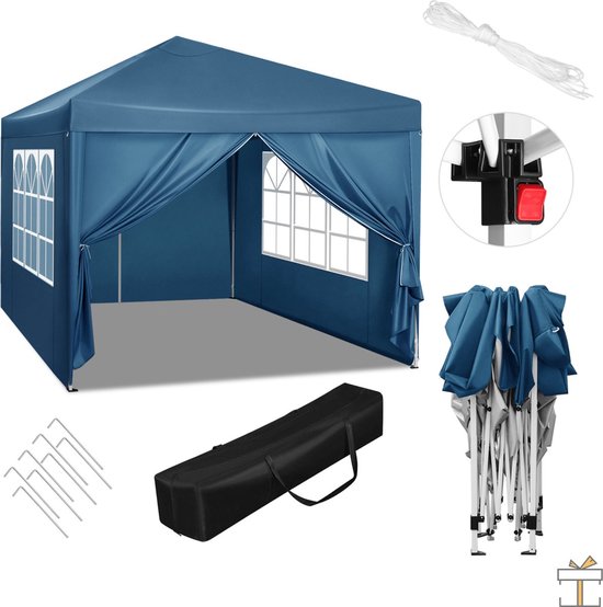 Partytent met Zijwanden - Easy Up Opvouwbaar Paviljoen - Waterdicht en Weerbestendig - Blauw - 3x3m