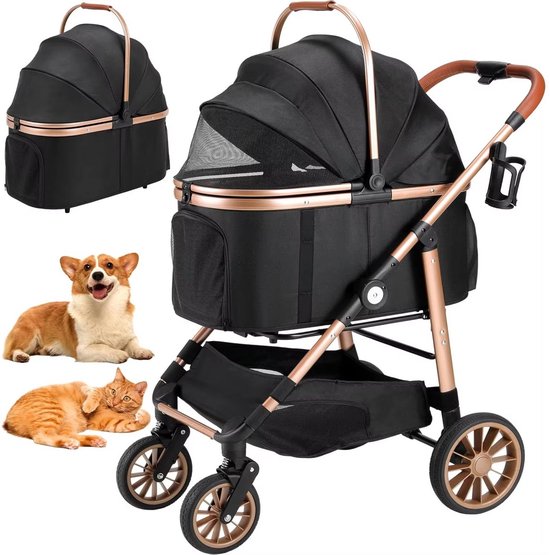 2-in-1 Hondenbuggy Fioren - Huisdieren wandelwagen - Reiswagen Hond - Comfort - Voor Honden en Katten - Opvouwbare Huisdierwagen met 360° Wielen - Met boodschappenmand - Hondenbox met Autobevestiging - Max. Belastbaarheid 25kg