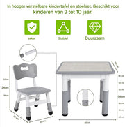 Kindertafel met stoeltjes - 2 stoelen - Activiteiten tafel - Speeltafel Kinderbureau - 3-8 jaar - In Hoogte Verstelbaar - Studeertafel voor Kinderen - Lichtgrijs