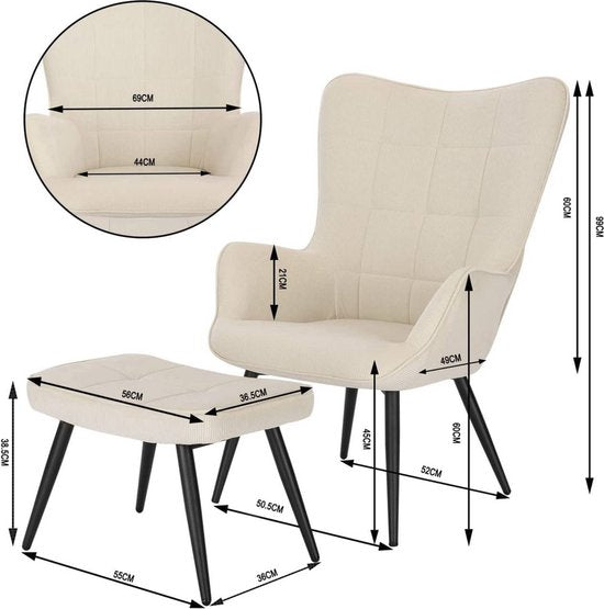 Happyment Fauteuil Deluxe - Met hocker - Armleuning - Voetenbank Woonkamer stoel - Corduroy - Beige