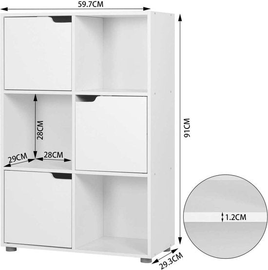 Happyment Boekenkast Nida - 6 Vakken - Wit - 3 Deuren - Boekenrek - Woonkamer, slaapkamer en kinderkamer - Hout - 59.7x29.7x91cm