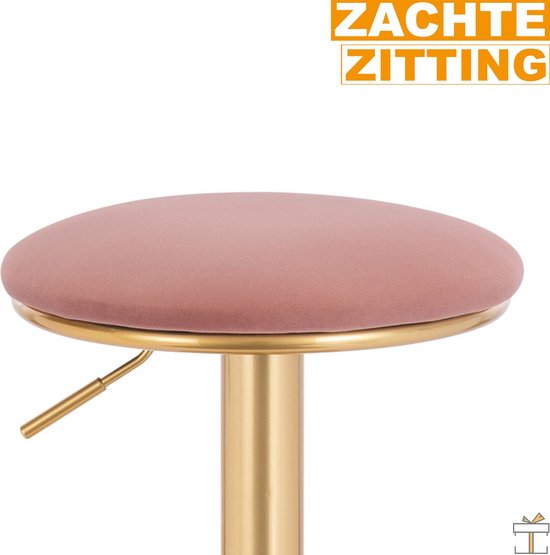 Luxe Barkruk - Velvet - Roze/goud - Zonder rugleuning - Verstelbaar - 38x(61-82)cm