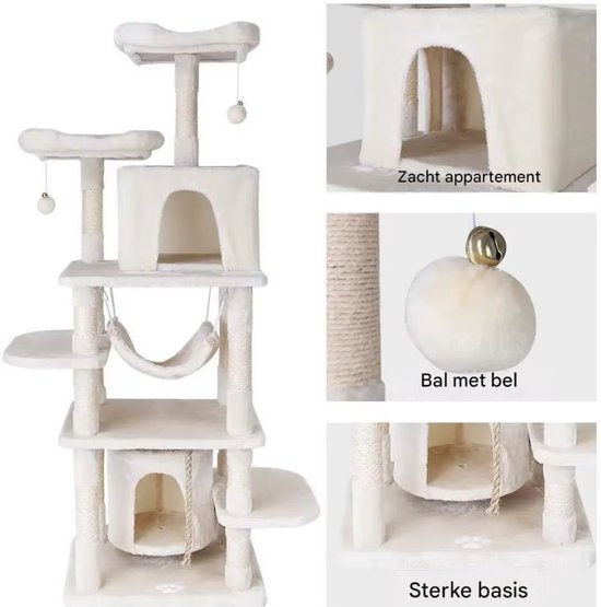 Kattentoren - Krabpaal - Grote Kattenboom met Stabiele Klimboom en Speelhuishangmat - Kattenkrabpaal 170 cm met Plank - Beige