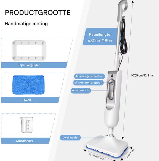 Afneembare Stoomreiniger - 1500W Stoommop - Krachtige Vloerstomer voor Tapijt - Laminaat - Hardhout - Voegen, Tegel & Marmer, 400ml