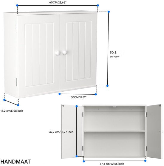 Opbergkast Zenvo - Vrijstaande Opbergkast - Wandkast met Dubbele Deuren - Voor Keuken & Badkamer - Extra Plank voor Meer Opbergruimte