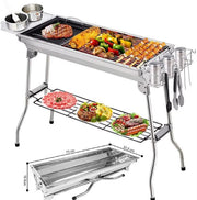Draagbare opvouwbare houtskoolgrill - Kampeergrill - Barbecue - Voor picknick, festival, camping en feest - Roestvrijstalen rechtopstaande grill met anti-aanbakpan