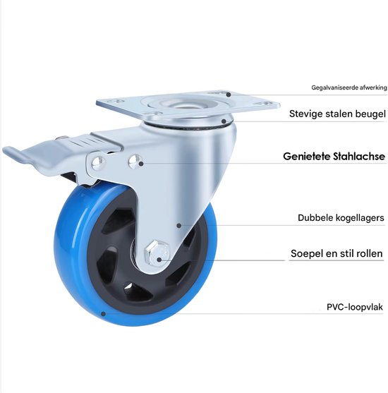 Zwenkwielen met rem - Set van 8 - 100 mm - Set van 4 - Transportrollen - Zware wielen - 150KG Draagvermogen