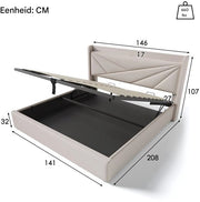 Bed - Tweepersoonsbedden - Tweepersoonsbed - Twijfelaar - Voor Slaapkamer - Met USB-C Oplaadfunctie, Opbergruimte & Comfortabel Hoofdeinde - Linnen Bekleding, Lattenbodem & Inclusief Matras - 140x200cm