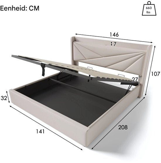 Bed - Tweepersoonsbedden - Tweepersoonsbed - Twijfelaar - Voor Slaapkamer - Met USB-C Oplaadfunctie, Opbergruimte & Comfortabel Hoofdeinde - Linnen Bekleding, Lattenbodem & Inclusief Matras - 140x200cm