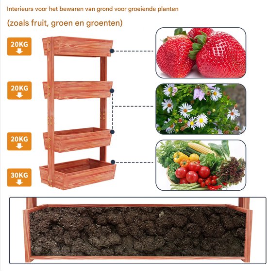 Tuinbed voor binnen en buiten - 4 lagen - Houten moestuin - Plantenbak - Tuibak voor bloemen - Tuinieren - 140x65cm
